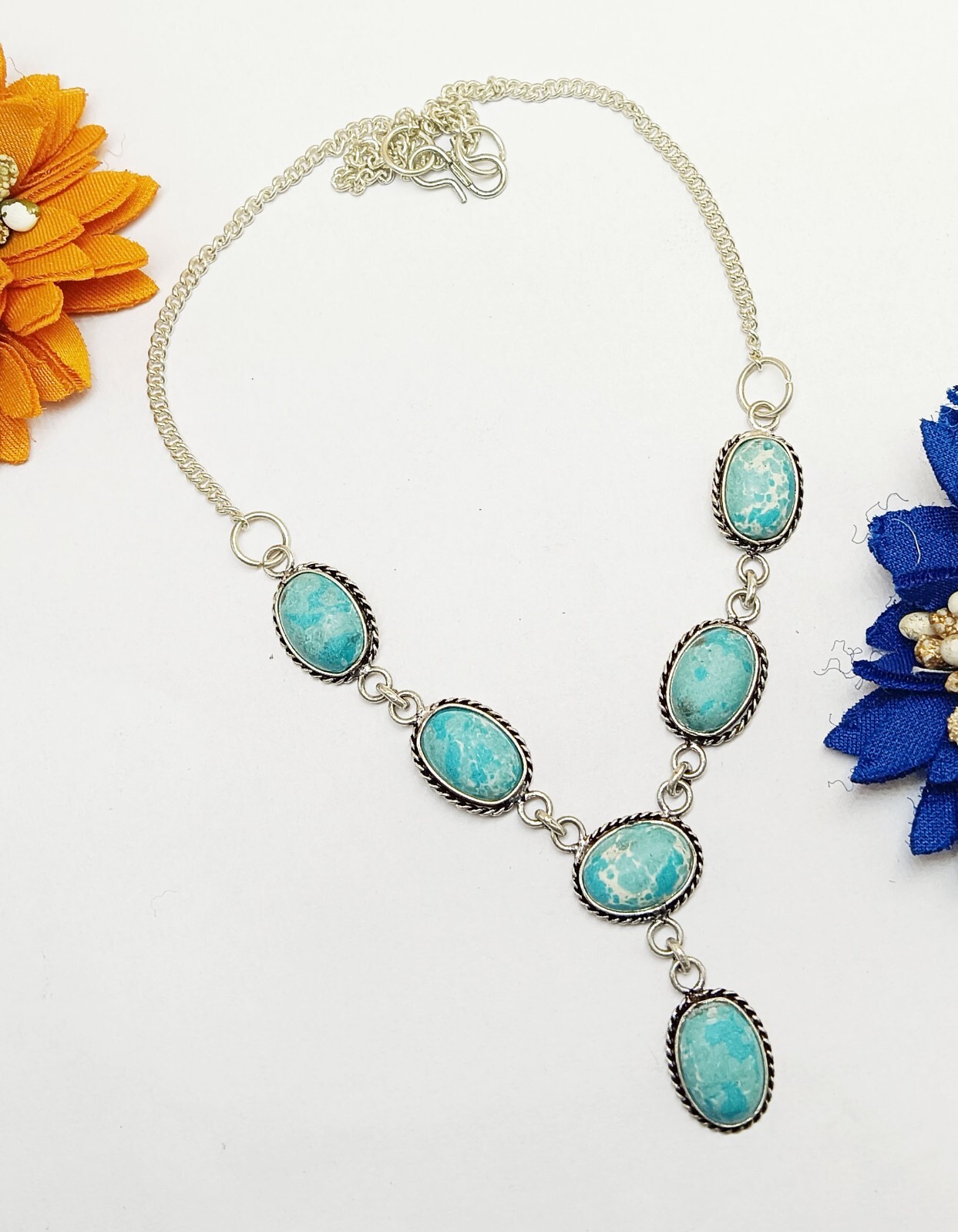 Synthetic Larimar Gemstone Necklace 925 Sterling Silver Plated Gift Jewelry