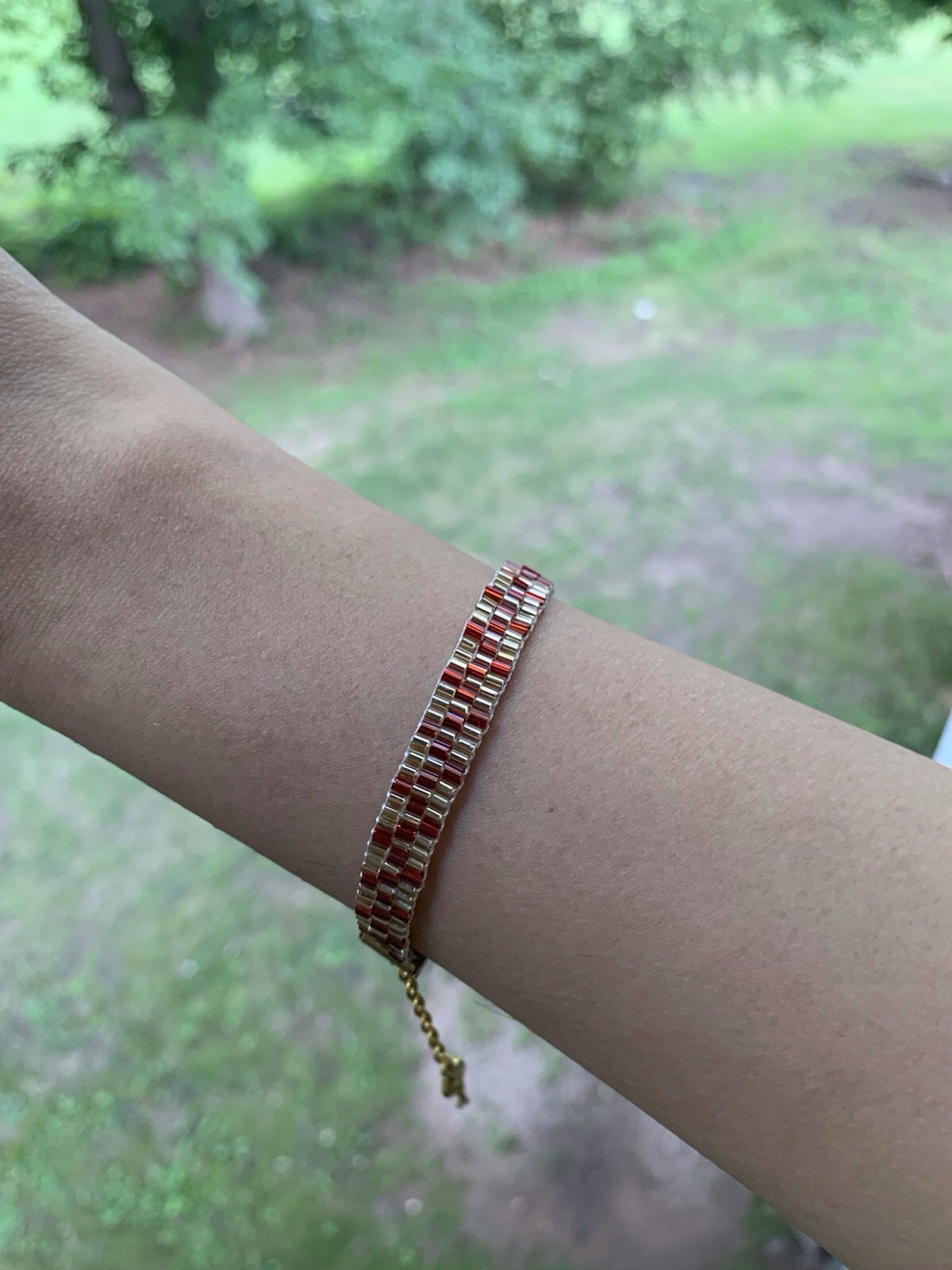 Gold Tone Red Beaded Cable Chain Bracelet | Lobster Clasp | Adjustable