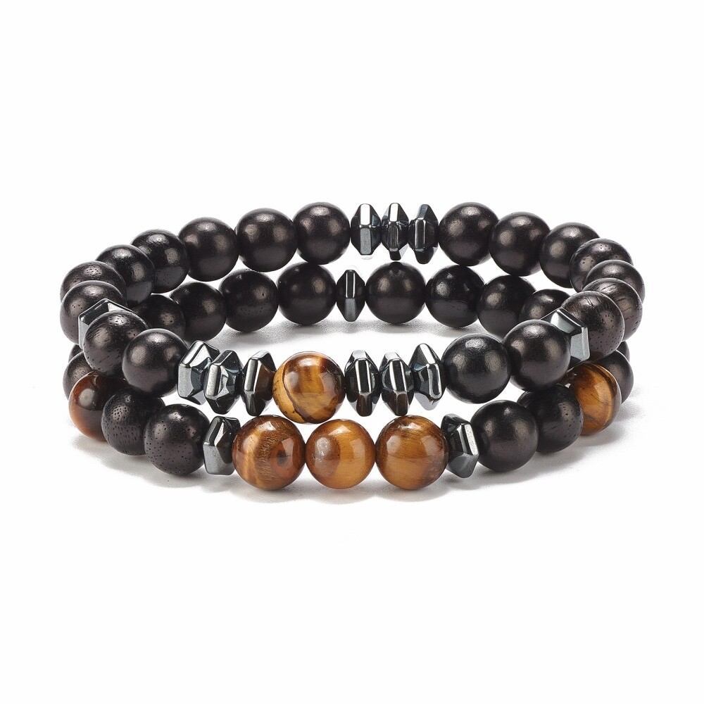 2pcs Energy Healing Stretch Bracelet Hematite Tiger Eye for Men Women Bead T56