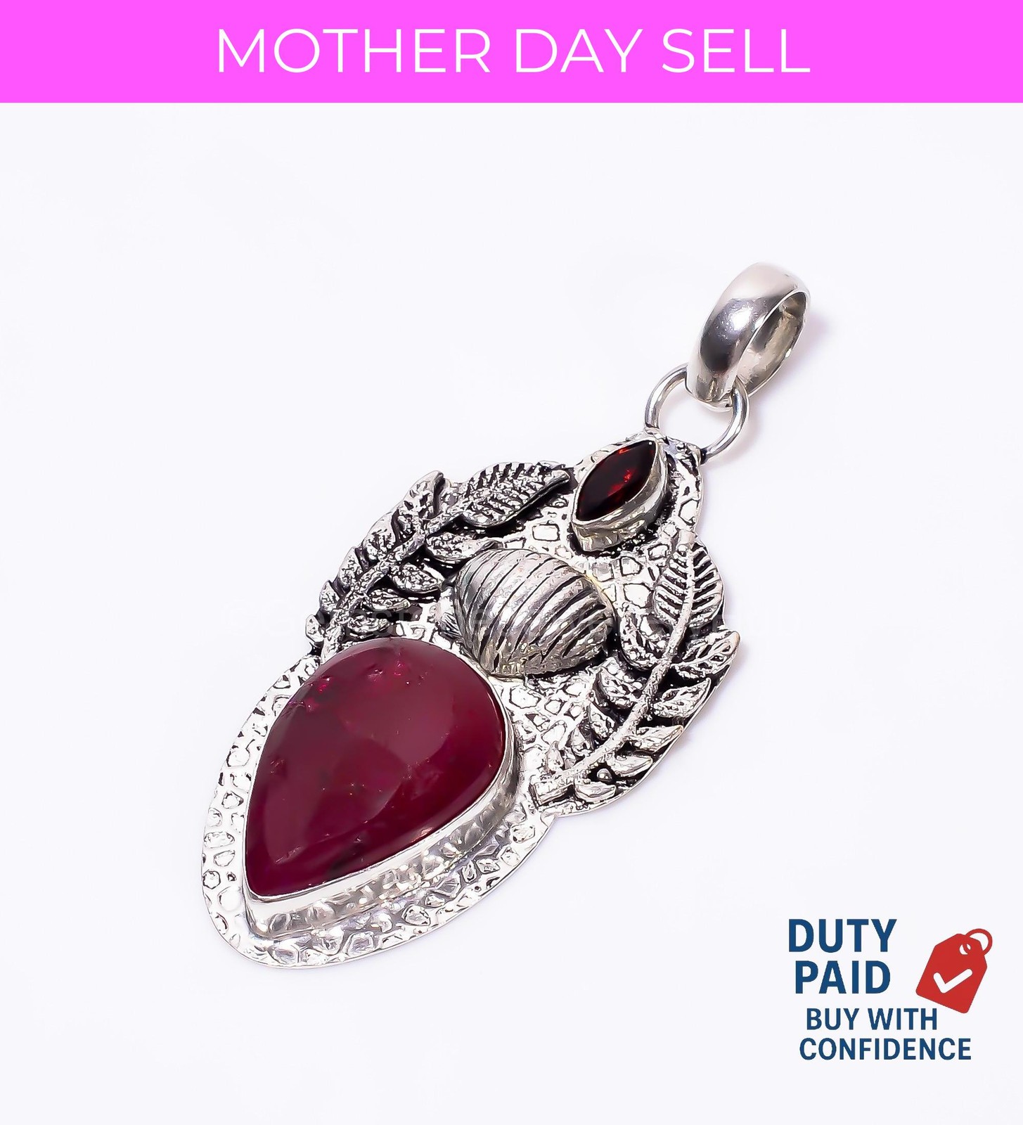 Pear Ruby 925 Silver Ethnic Sister Trendy Artisan Handmade New Pendant Jewelry