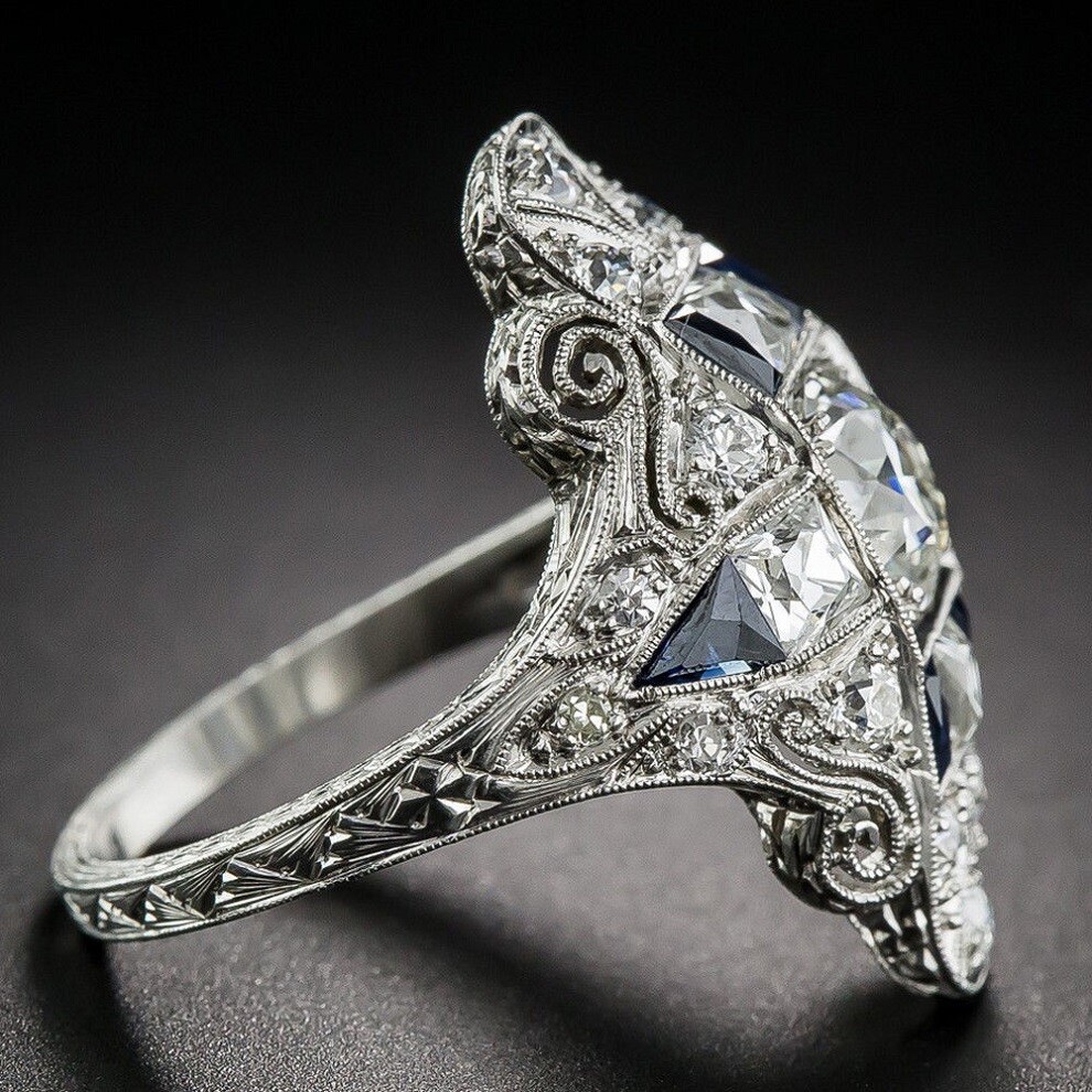 925 Sterling Silver Blue Rhinestone White Topaz Engagement Wedding Ring Size 9