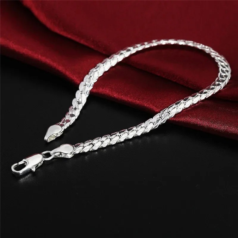 925 Sterling Silver Bracelet 6mm Flat Chain Lobster Clasp 18/20cm Unisex