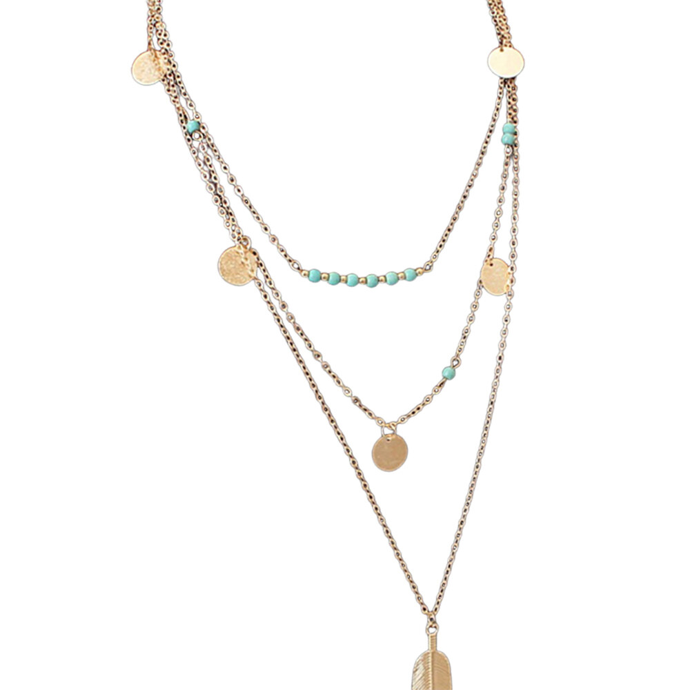Gold Color Chain Necklace Womens Ladies Feather Pendant Glossy Jewelry Necklace
