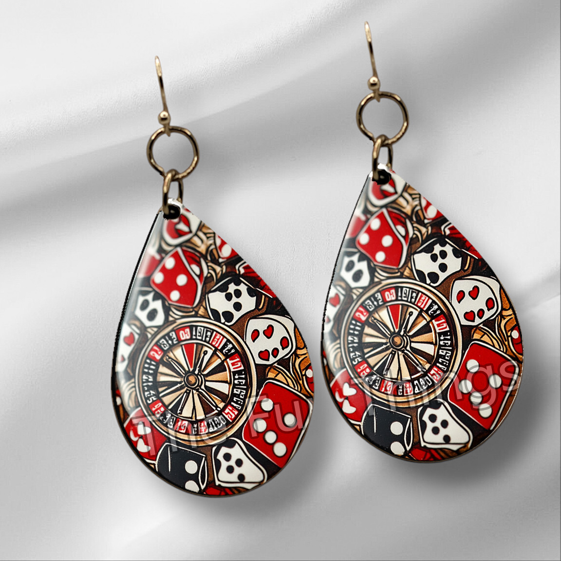Casino Dice Roulette Wheel Earrings NO TARNISH Wood Teardrop Gambler Jewelry