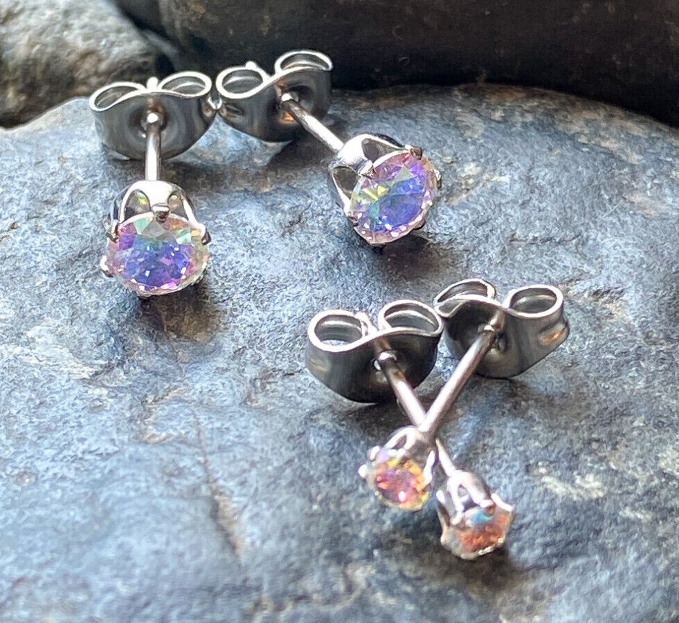 PAIR Hypoallergenic Earrings Prong Set Aurora Borealis Gems 316L Surgical Steel