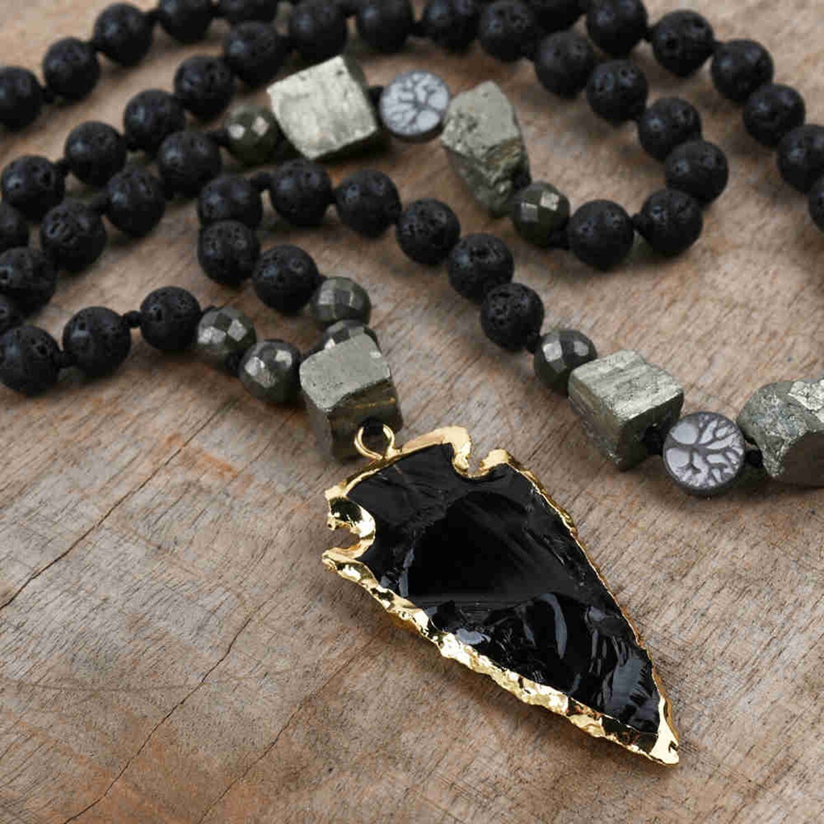 Natural Lava Rock + Black Obsidain Arrow Pendant Necklace Healing Necklace