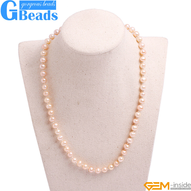 Near Round Cultured Freshwater Pearl Beaded Necklace 16″ Free Shipping 6mm