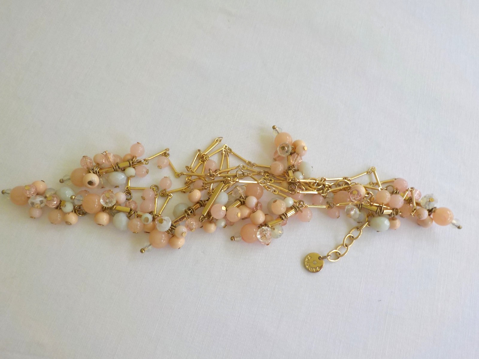 Talbots Dangle Necklace Plastic Gold Tone Metal Long Beads Peach Pink Cluster