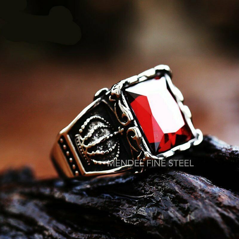 MENDEL Mens Womens Crown Red CZ Stone Ring For Men Stainless Steel Size 7 8 9-15