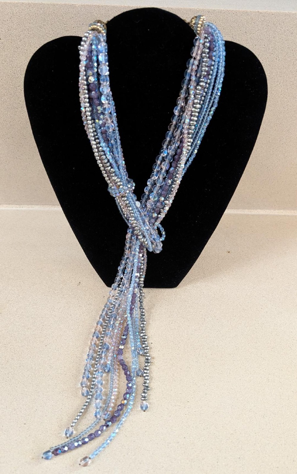 Poggi Paris Multi Strand Blue Purple Silver Tone Beaded Lariat Tassel Necklace