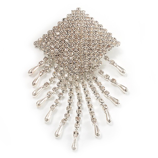 Enchanting Square Diamante Charm Brooch (Silver Tone)