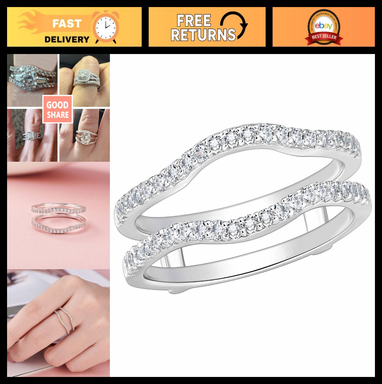 Curved Ring Guard Enhancer with Cubic Zirconia – Stackable Wrap for Engagement R