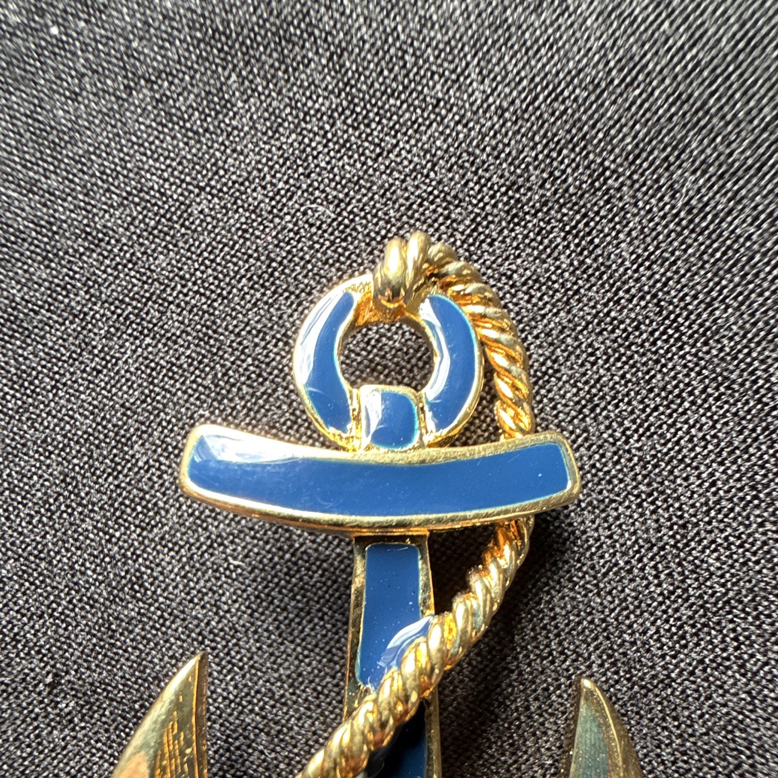 Vintage Trifari Signed Blue Enamel Anchor Nautical Gold Tone Brooch Pin