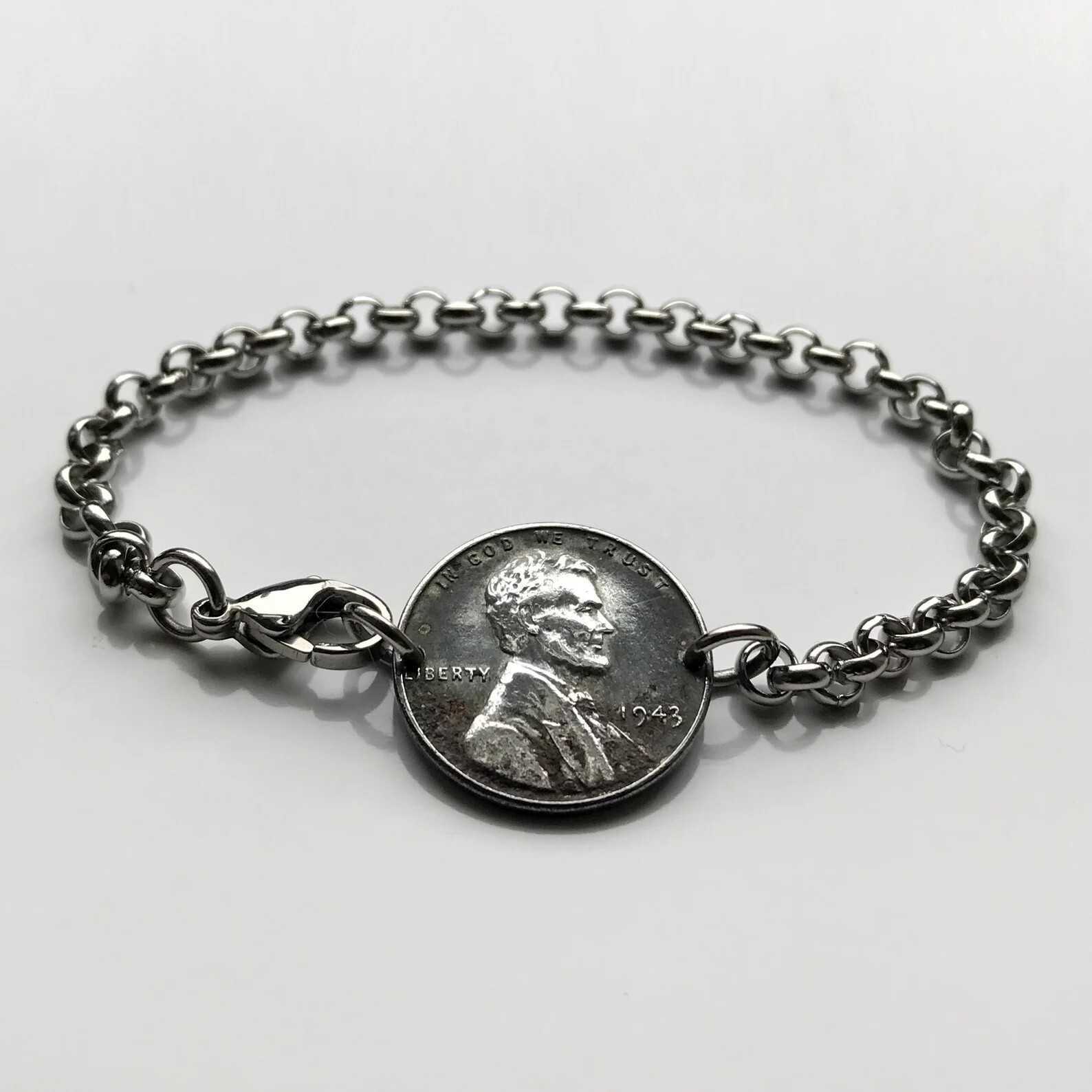 USA 1943 Steel Penny coin bracelet World War 2 War Allies Abraham Lincoln 000099