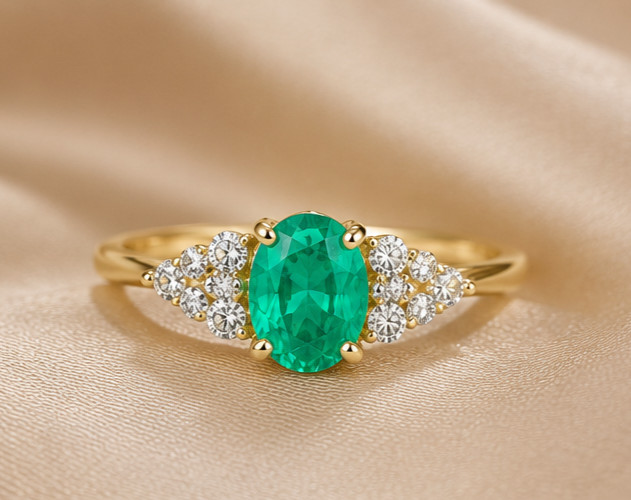 3.50ct Oval Cut Green Emerald/Diamond Engagement Band Ring14k Yellow Gold Plated
