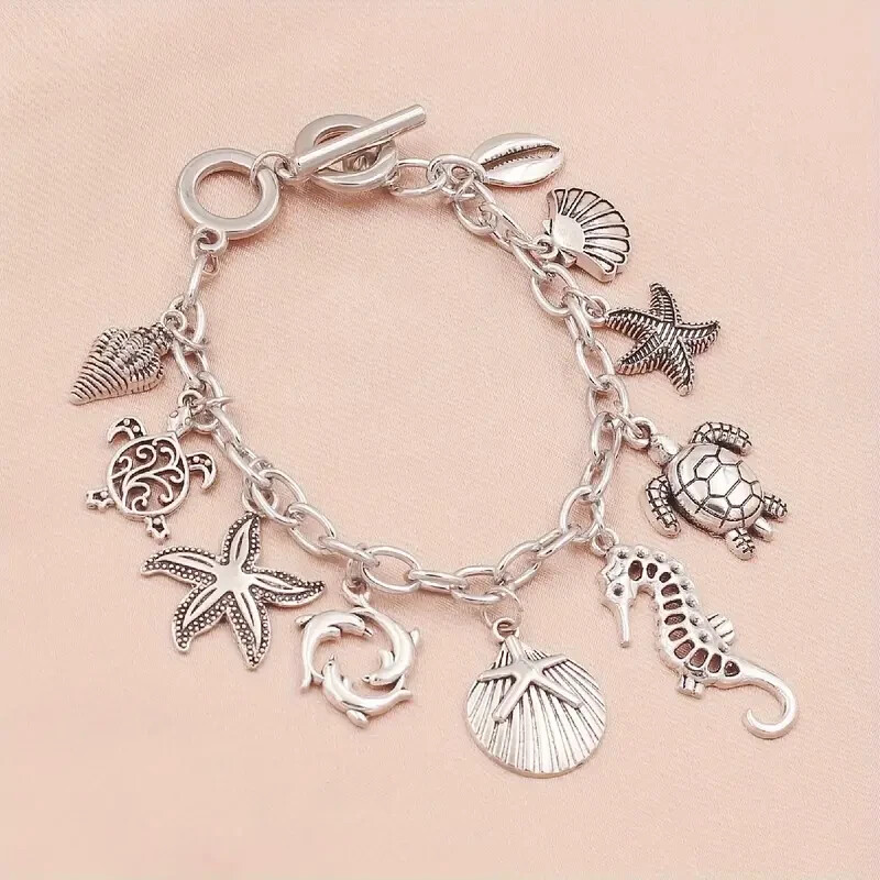 925 Sterling Silver Dolphin Starfish Sea Turtle Sea Horse Beads 7.5″ Bracelet