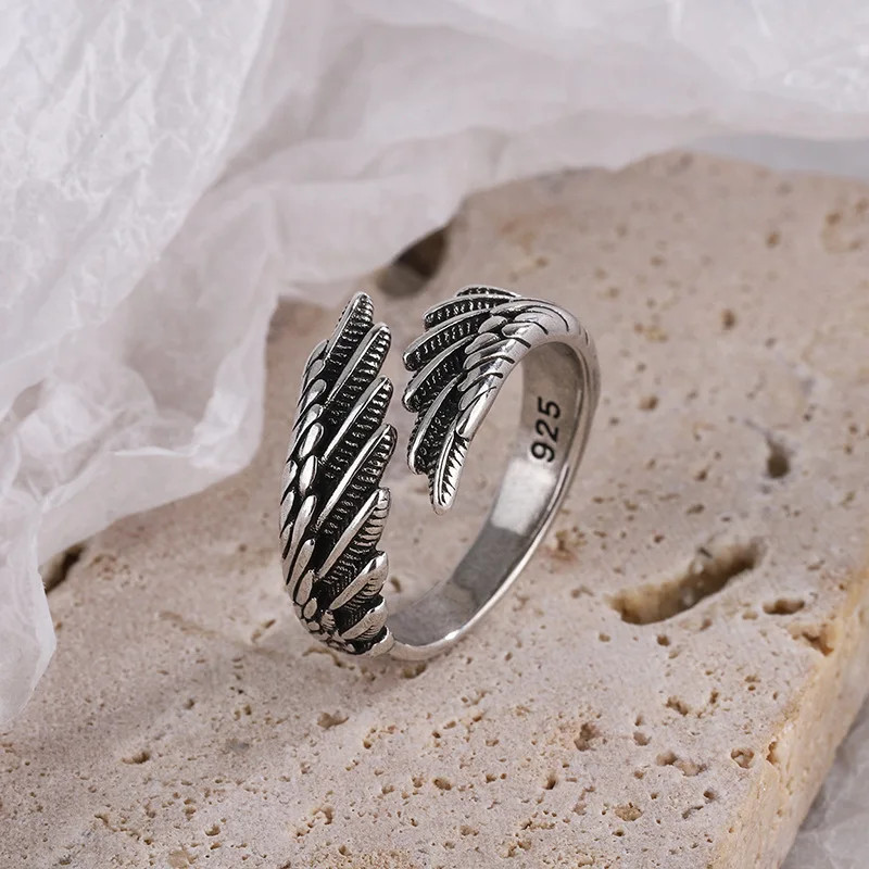 925 Sterling Silver Angel Wing Feather Adjustable Rings For Women Engagement