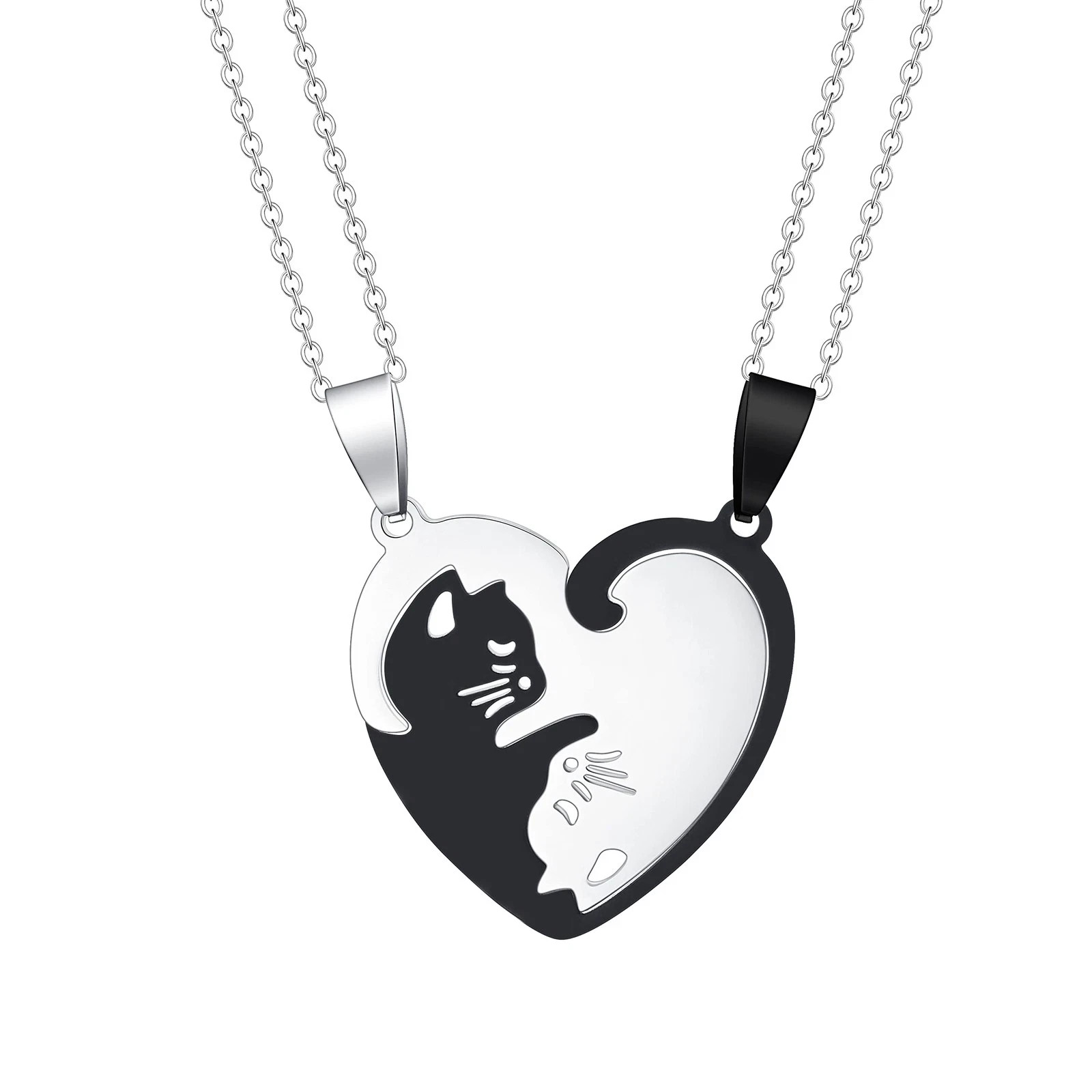 2 Piece Black & Silver Cat Matching Necklace Couple Cute Pendant Love BFF, Gift