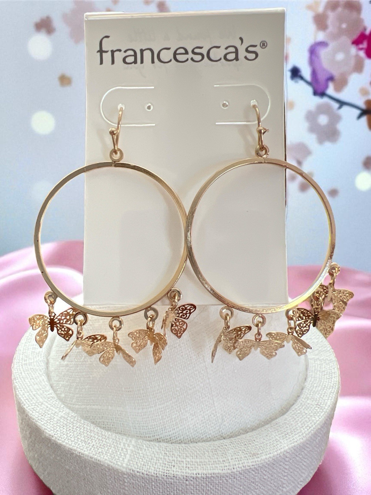Francesca’s 2 1/4″ Gold Tone Hook Hoop With Butterfly Dangles Earrings -NWT