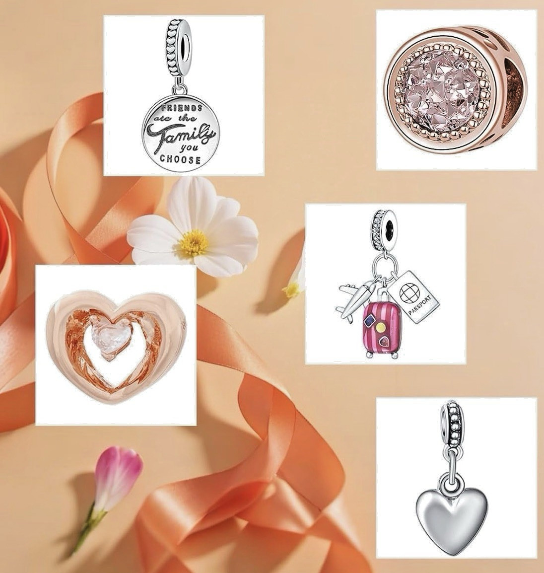 10 Dangle & Bead Charms Set Love Hearts Travel Friends Nature