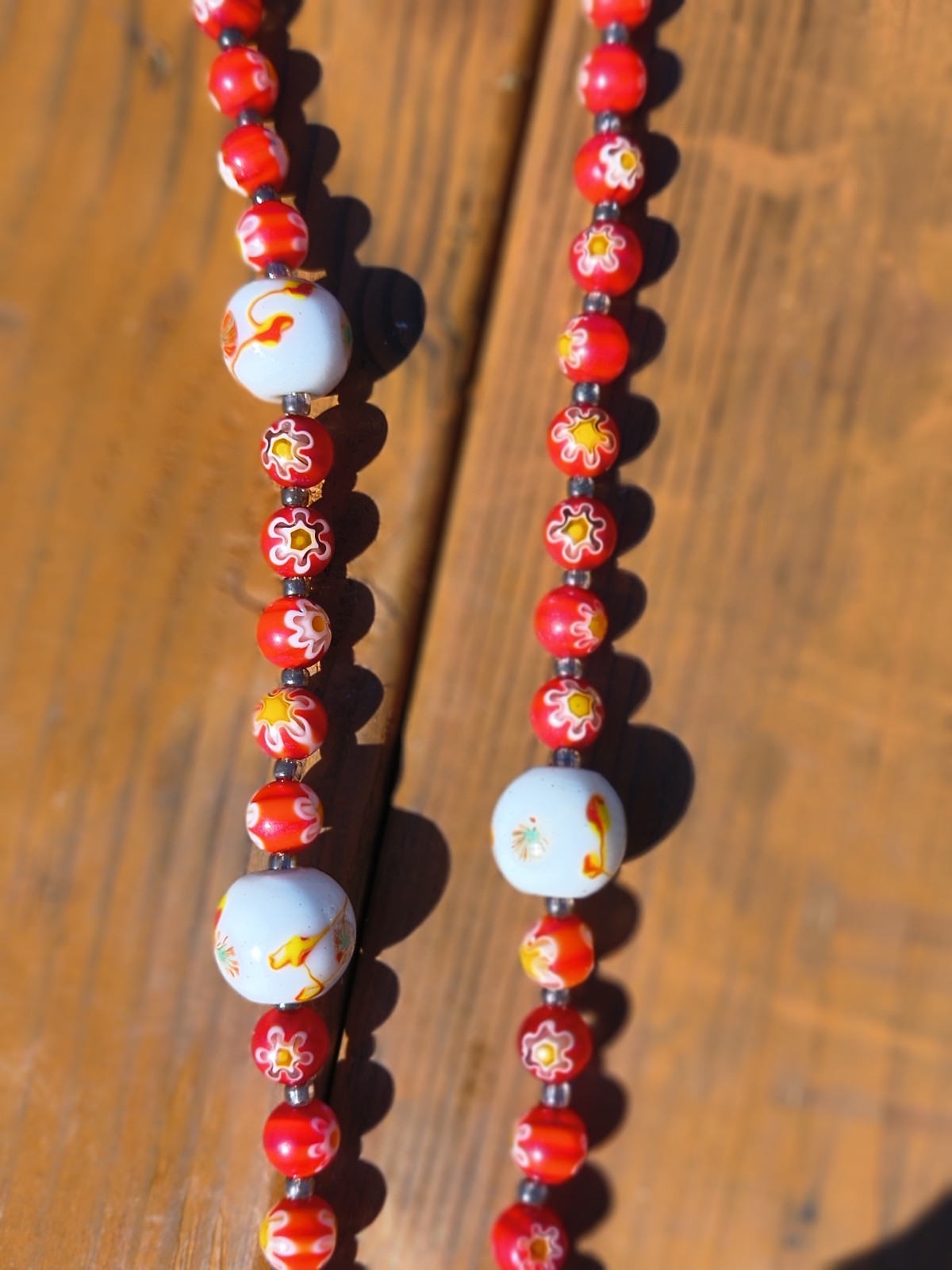 Glass And Clay Beaded Necklace Red Floral/White Japanese Looking,Oblong Are Clay