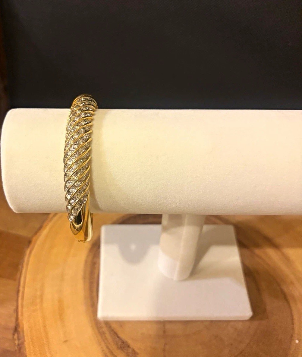Vintage Gold-Tone Hinge Bangle Bracelet with Pave Rhinestone Embellishment