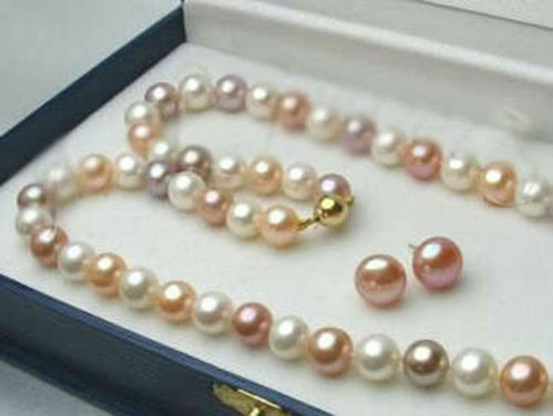 18 Inch Long 7-8mm Real Natural 5 Color Cultured Pearl Necklace Earrings