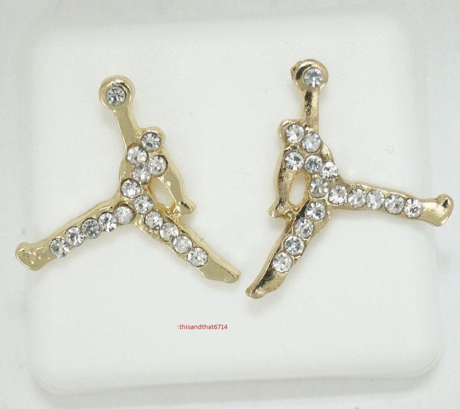 Michael Jordan Jumpman Logo Gold CZ Stud Earrings In Gift Box