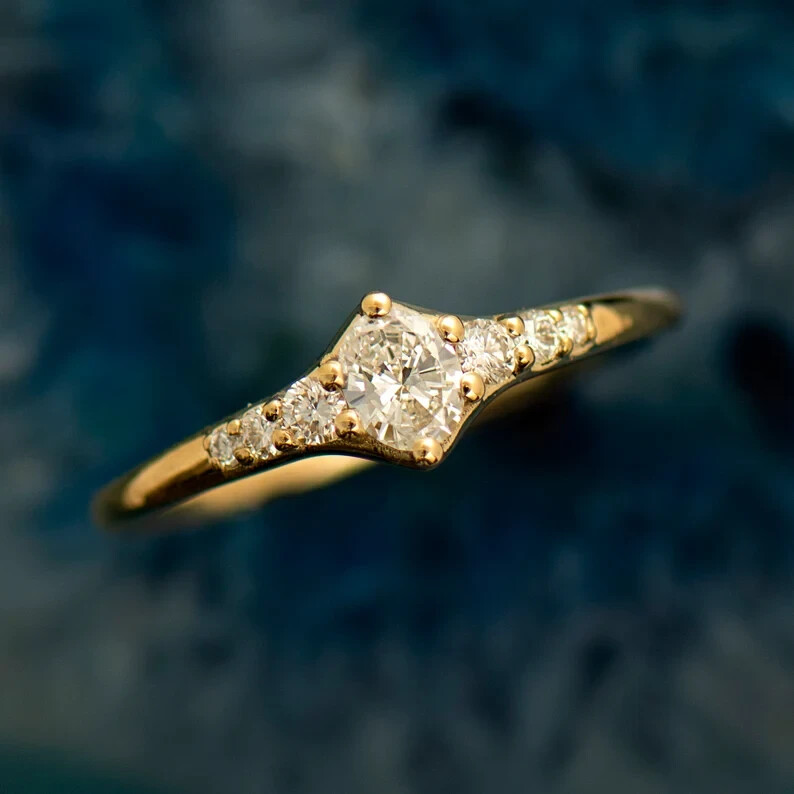 Tiny Wedding Band Ring 1.21 Ct Oval Cut Simulated Diamond 14K Yellow Gold Plated