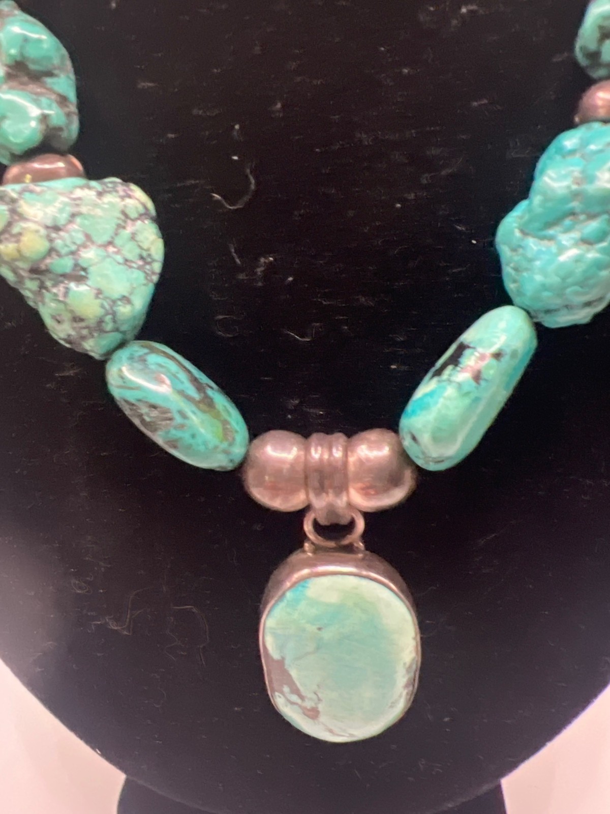 Dyed Turquoise? & Silver Beaded Necklace With Large Oval Pendant