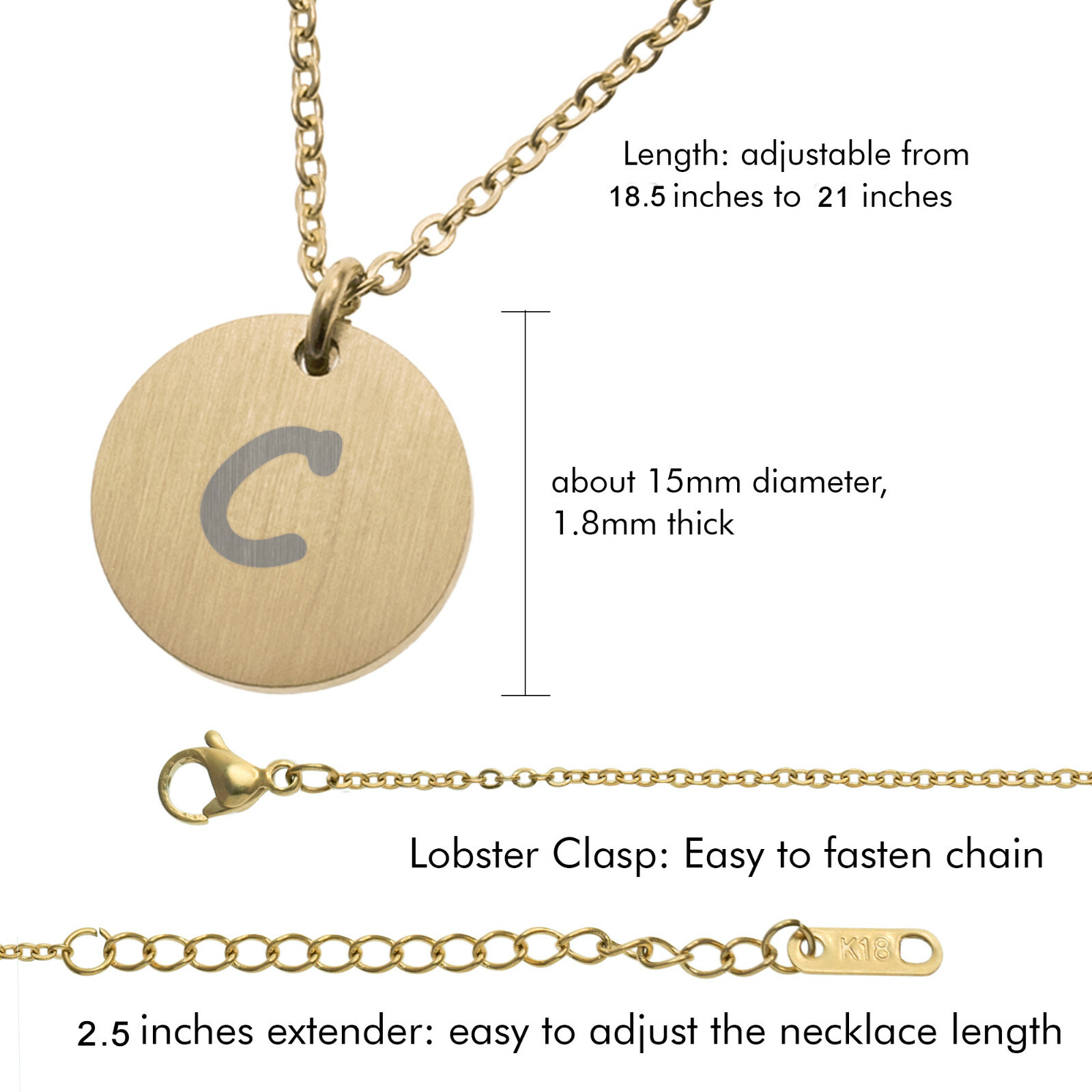 Engraved Silver Metal Initial Letter Disc Pendant Chain Necklace 18.5in-2.5in