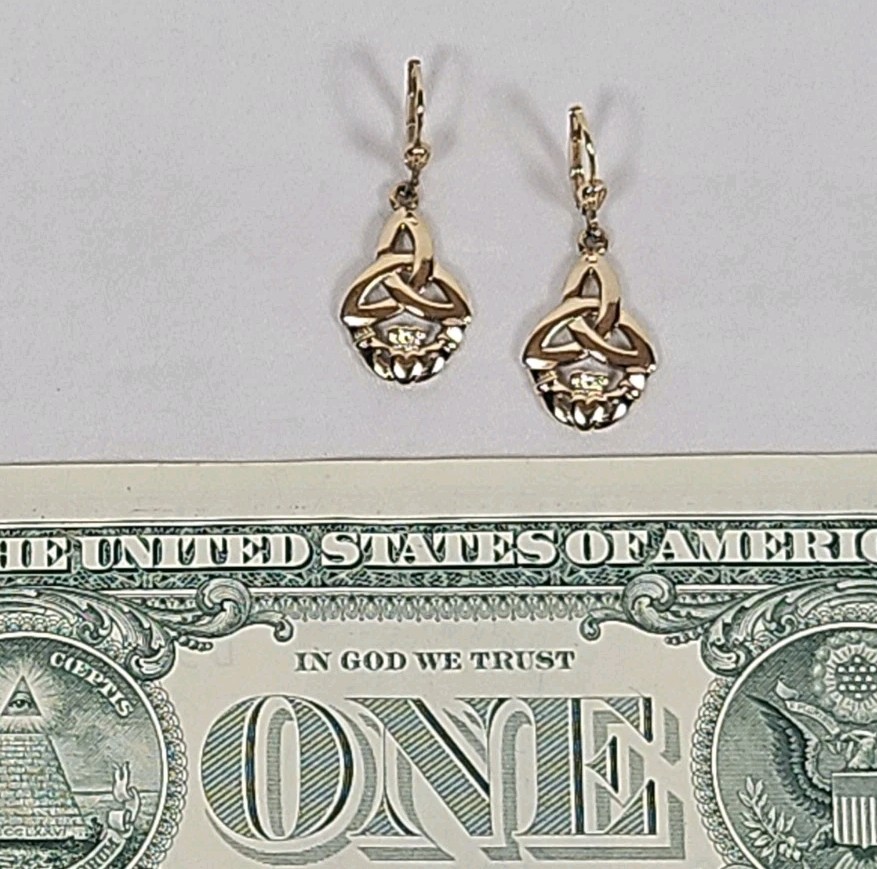 Triquetra Claddagh Earrings Celtic Dangle Drops Pierced Gold tone Signed Soldor