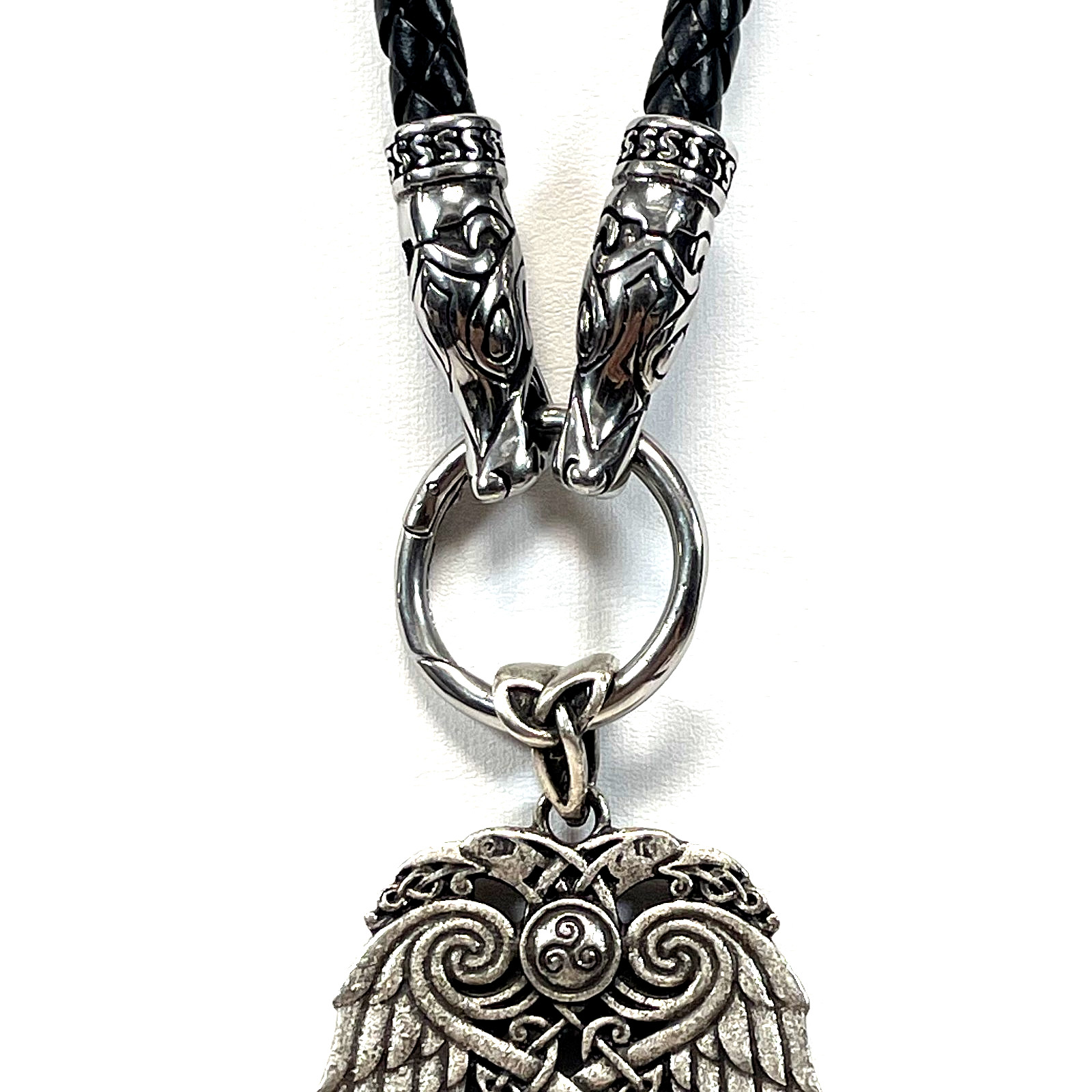 Norse Viking Raven Wing Shield Pendant Celtic Knot Black Braided Cord Necklace