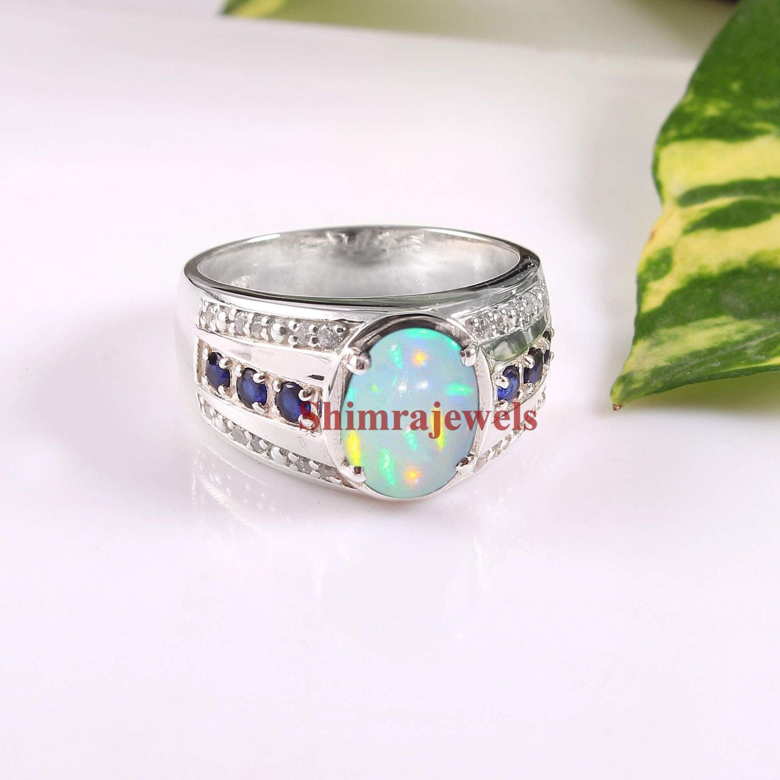 Natural Opal & Heated Sapphire With 925 Sterling Silver Ring for Men’s #1137