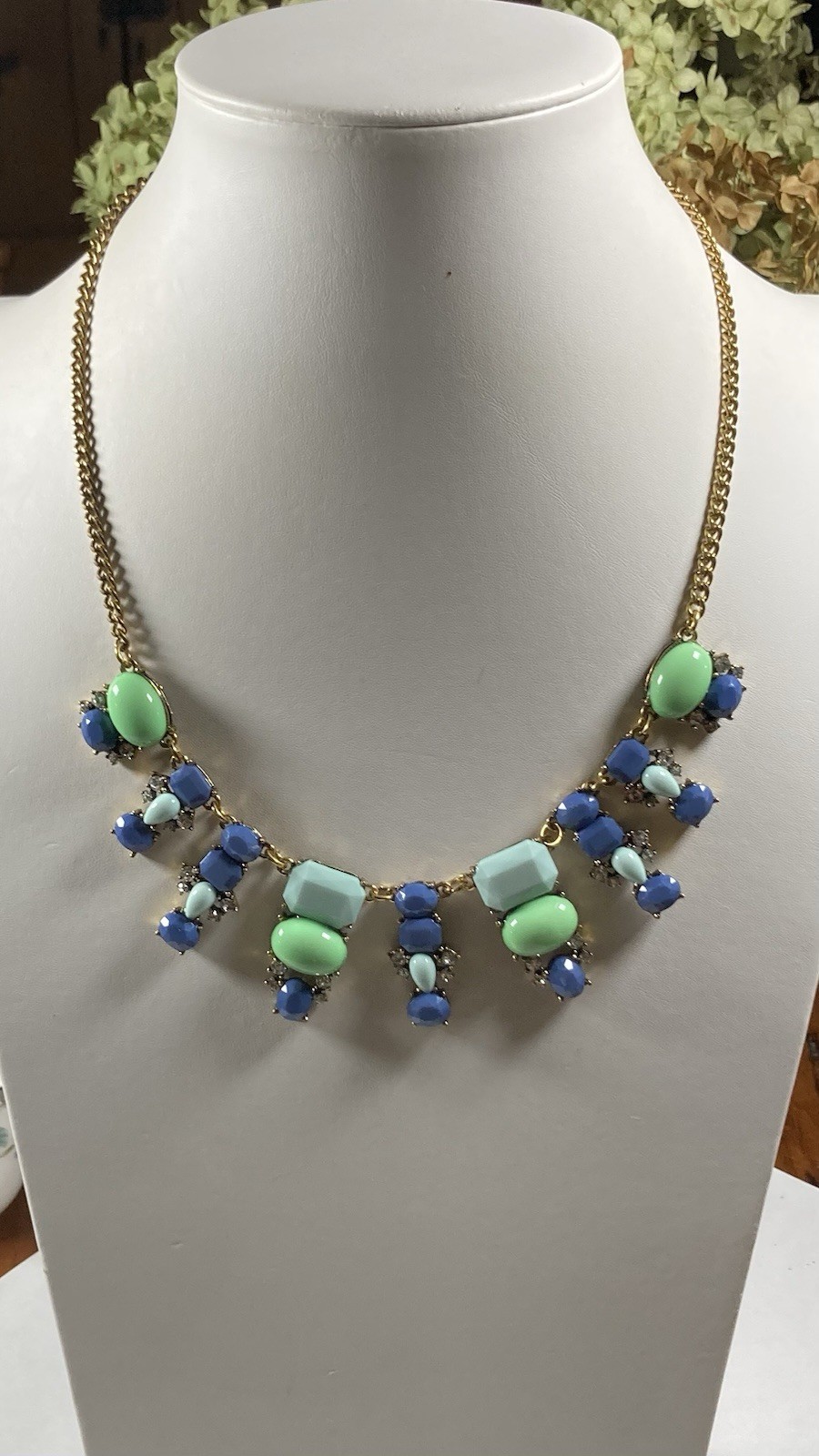Gold Tone Blue & Green Crystal Rhinestone Statement Chain Necklace Adjustable