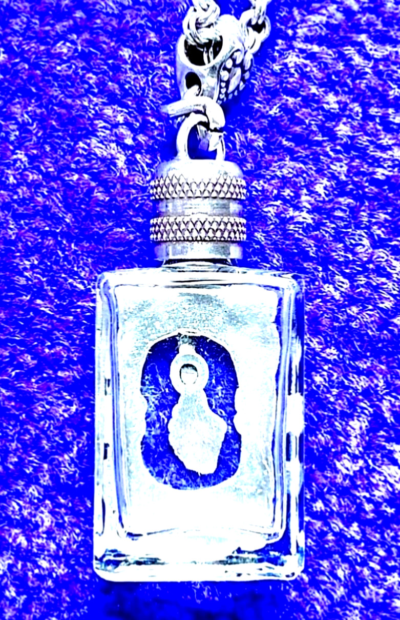 BRIGHTON GLASS PERFUME BOTTLE+SILVER FEATHER+SCROLLWORK LONG NECKLACE VG✨VTG✨HTF