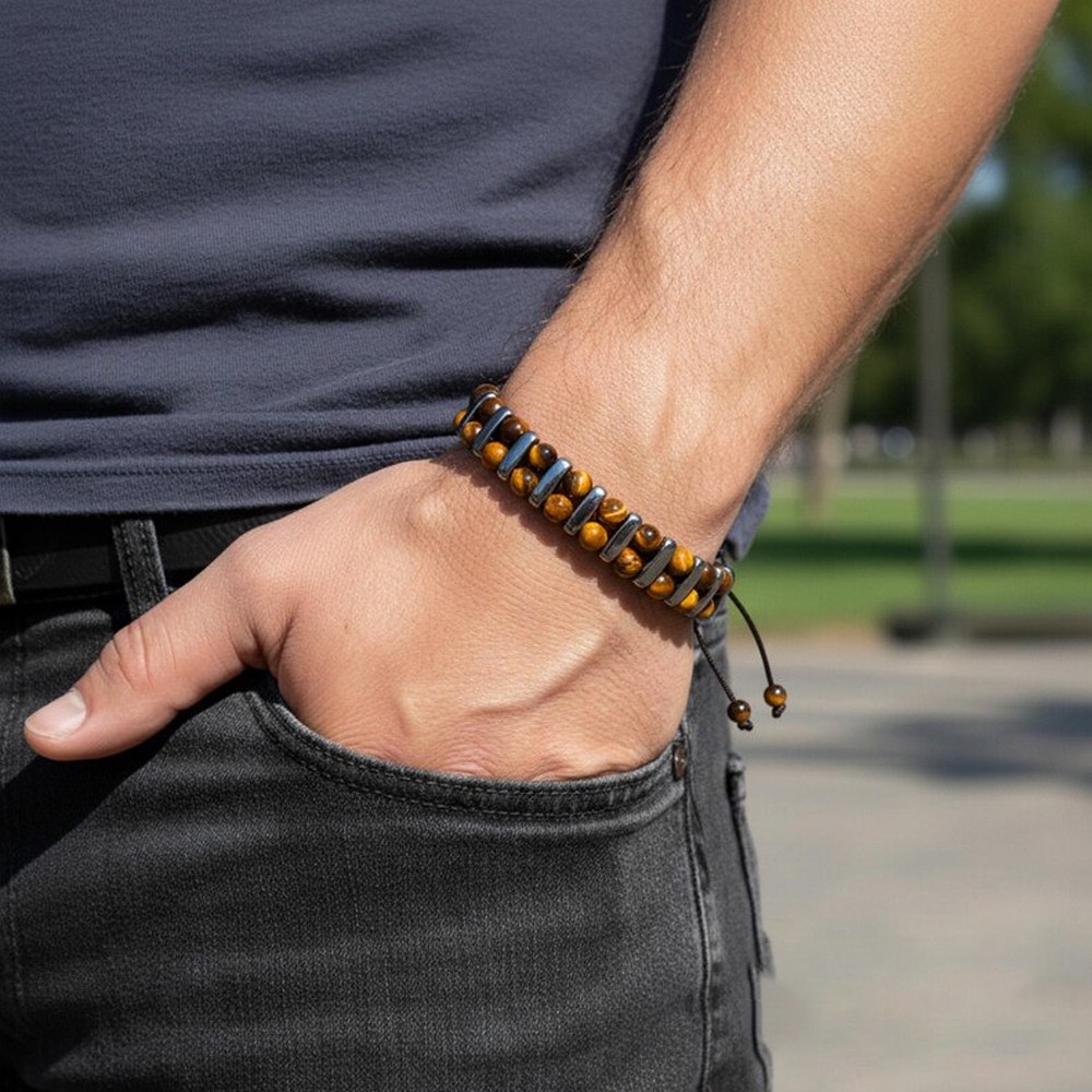 Premium Tiger’s Eye & Hematite Bracelet Genuine Stone Energy Men Jewelry Gift