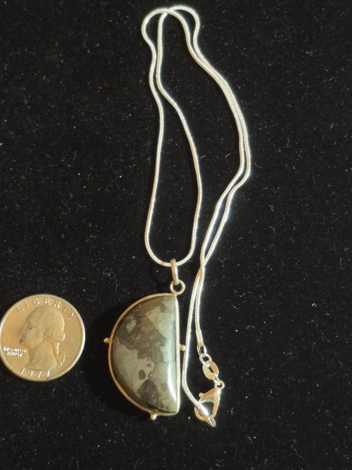 925 Sterling Silver Picasso Jasper Half Moon necklace 13.8g Artisan Gray Stone