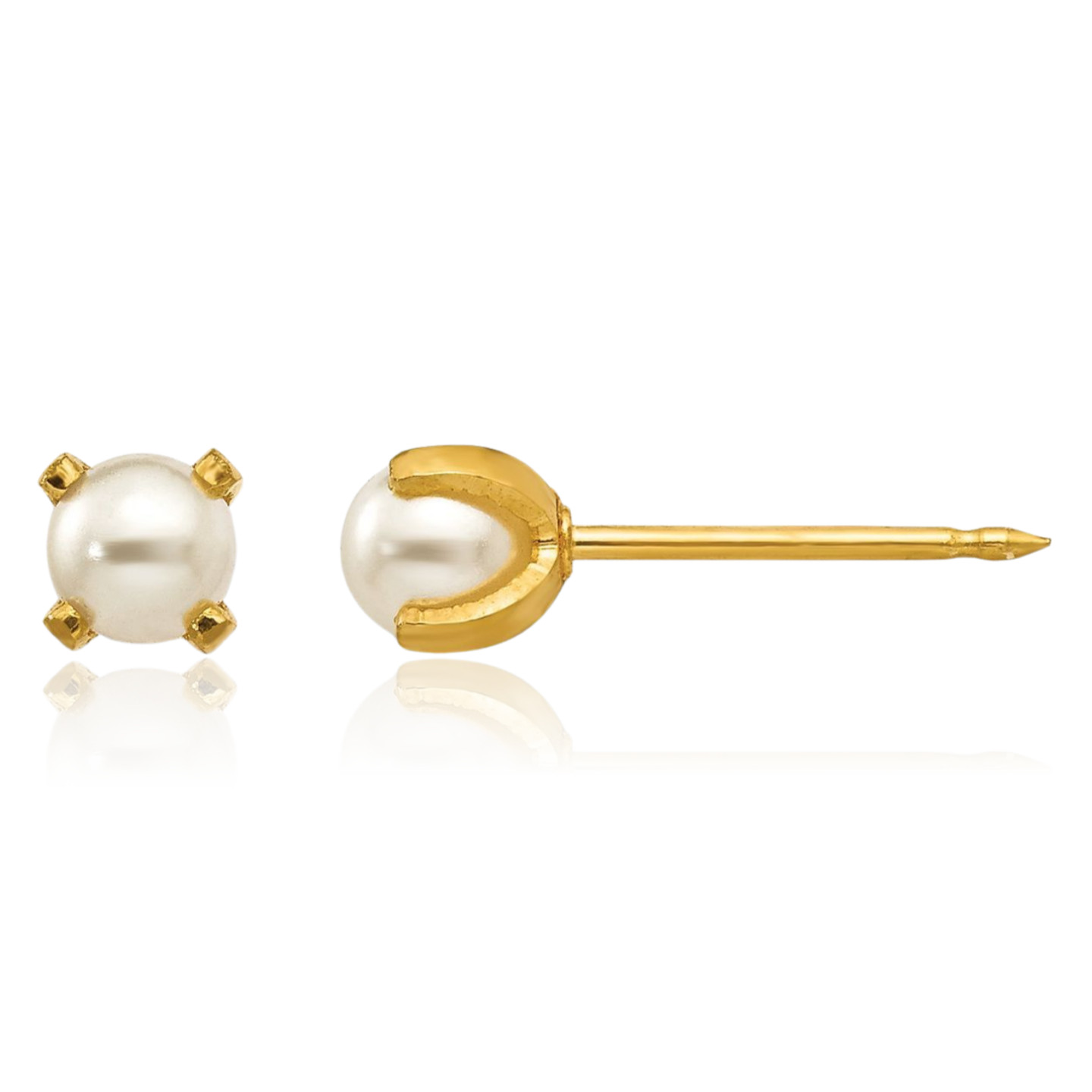 18K Solid Yellow Gold Pearl Medium Stud Earrings 4mm Prong Set, Friction Back