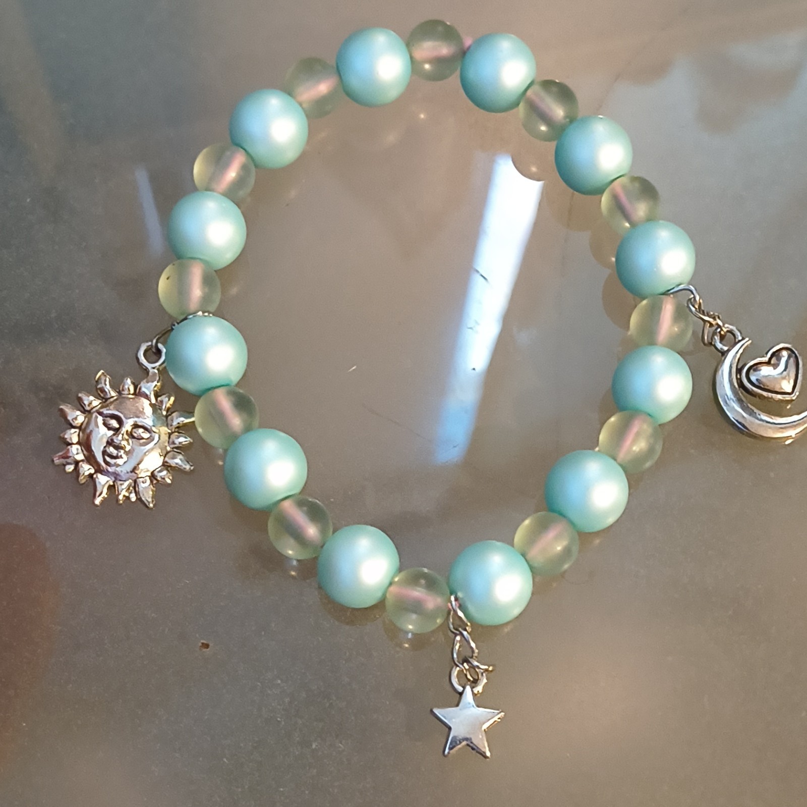 Blue & Clear Beaded Stretch Charm Bracelet, Round Beads, Sun Moon Star Heart