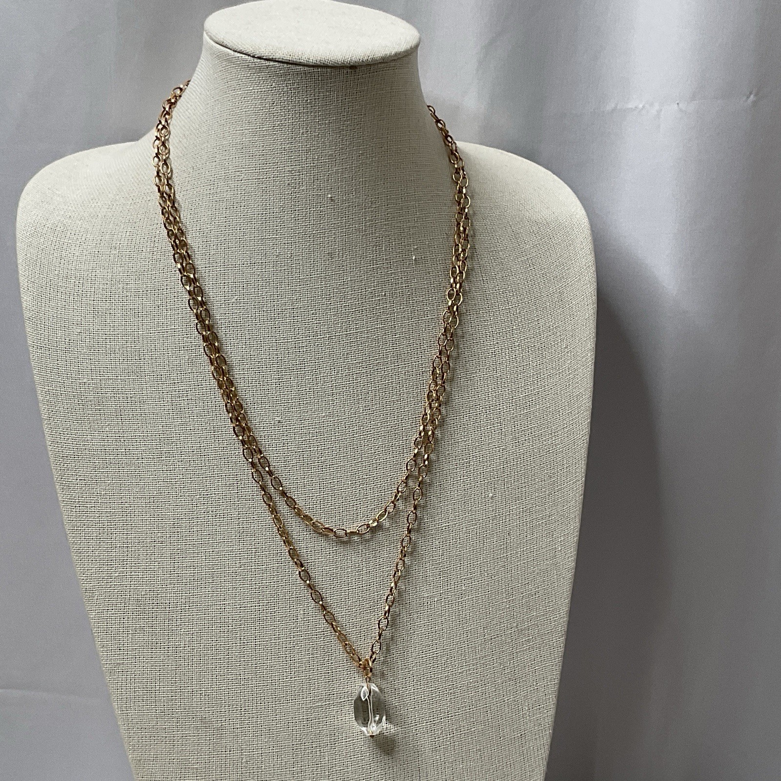 Long Gold Tone Chain Necklace Quartz Pendant 48” Layering Minimalist Light