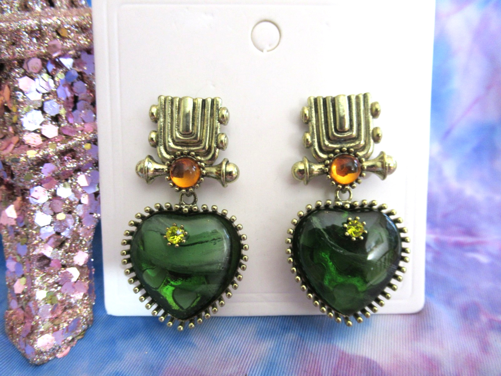 Gripoix STYLE Green Marble Cabochon Stone Heart Yellow Rhinestone Earrings NEW