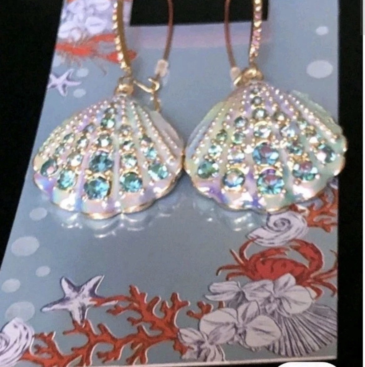 Betsey Johnson Earrings Iridescent Seashell Mermaid Drop NWT Crystal Dangle