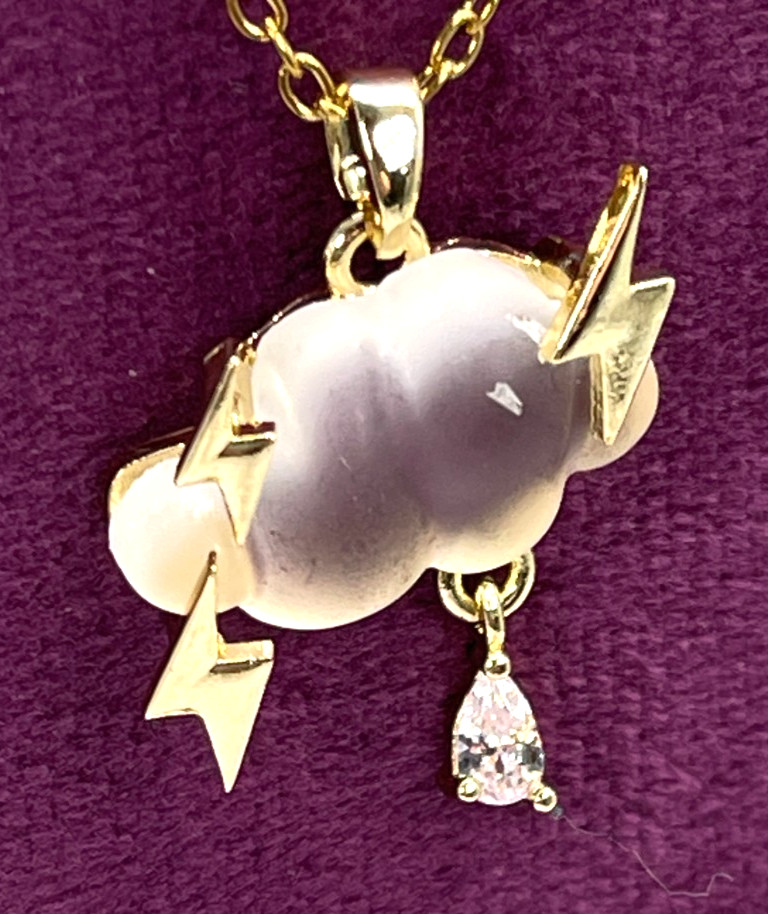Necklace Iridescent White Cloud w/Gold Tone Lightning Bolts & Zirconia Rain Drop