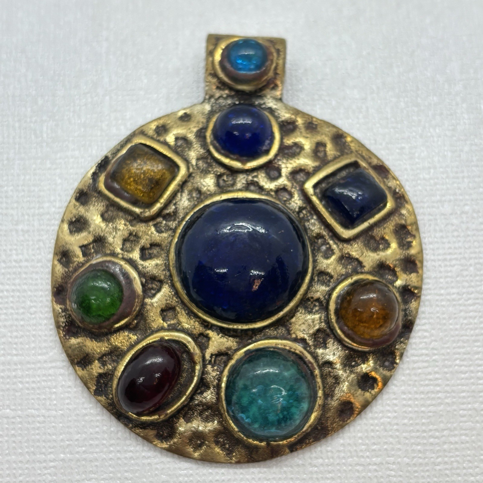 Multi Stone Cabochon Round Pendant Hammered Brass Metal Artisan Boho