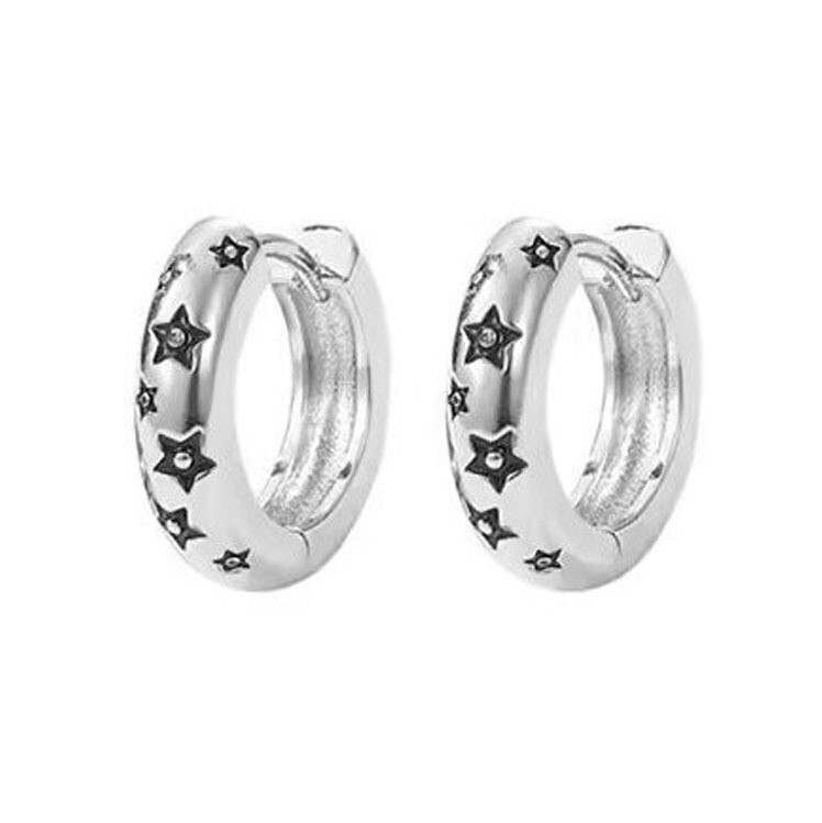 Retro 925 Sterling Silver Plated Star Printed Huggie Hoop Earrings 13mm/0.5″ J3