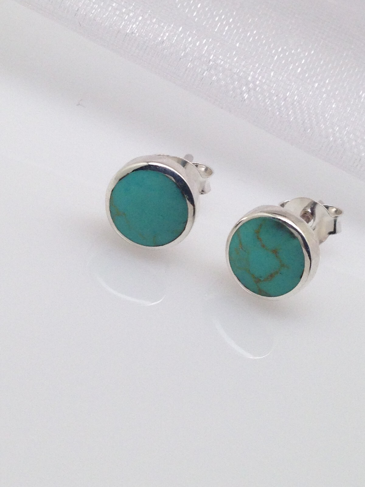Round Turquoise Stud Earrings 925 Sterling Silver Post Small 7mm/0.28″