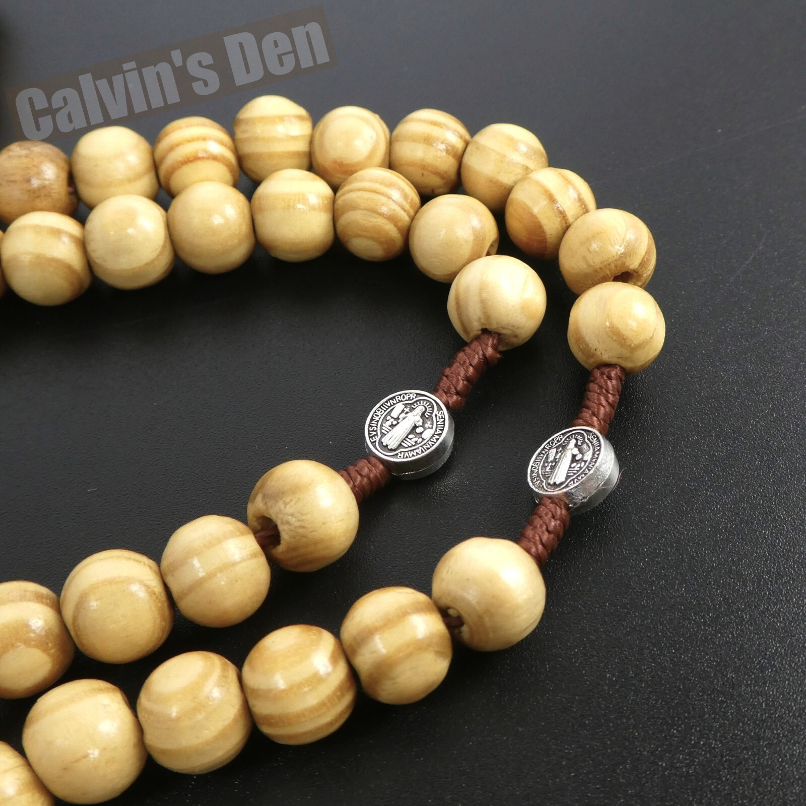 St Benedict 3-Way Pardon Crucifix Rosary Necklace Wood Bead Five Decade Cross