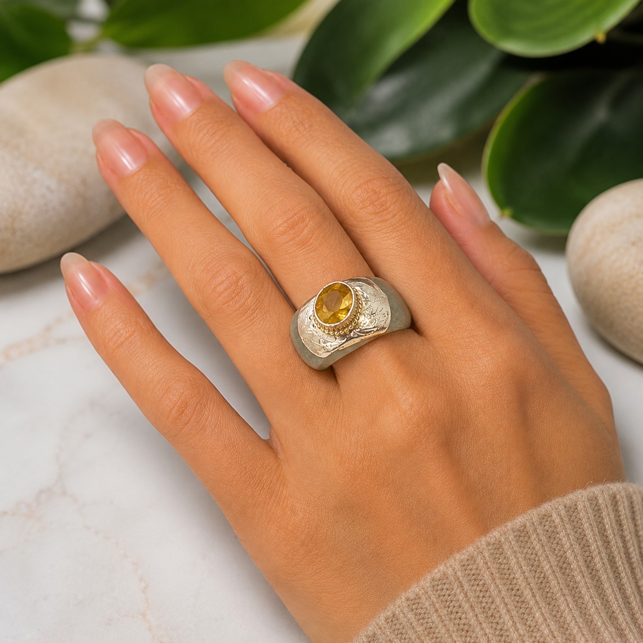 Artisan Carved 13.2mm Jade Band Ring W/ Silver Overlay Yellow Gemstone Size 9