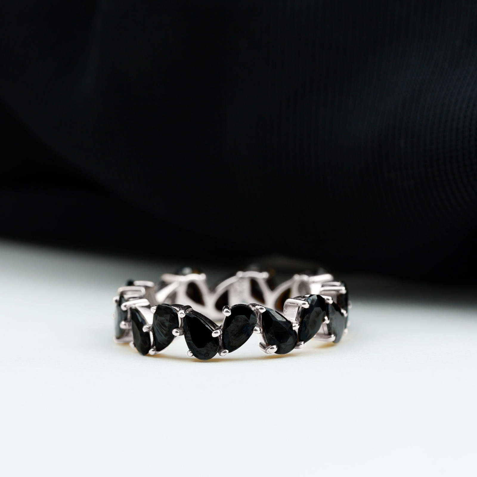 3X5mm Pear Cut Black Onyx Eternity Band Engagement Band Ring Silver Ring